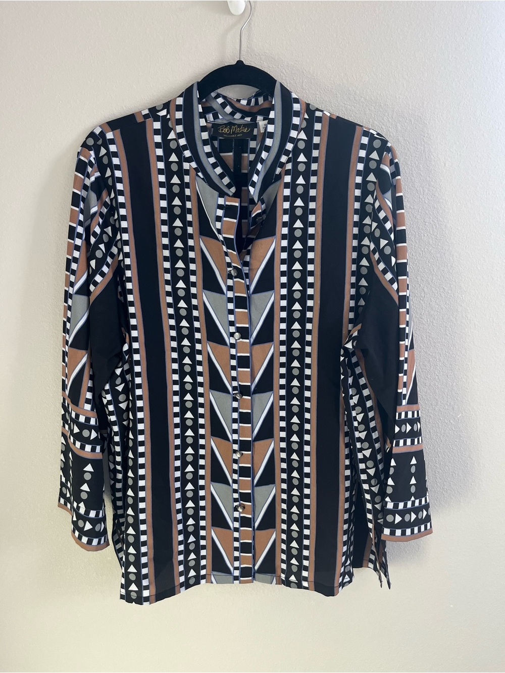 Bob Mackie Wearable Art Geometric Mock Neck 3/4 Sleeve Button-Down Blouse XL